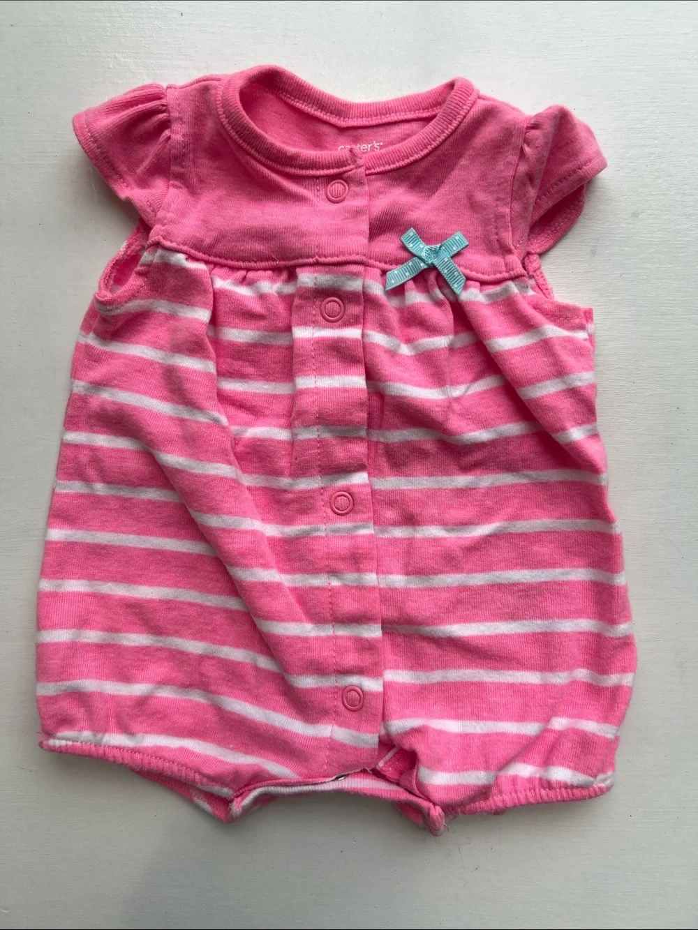 Carter's Hot Pink Striped Romper with Blue Bow Accent
